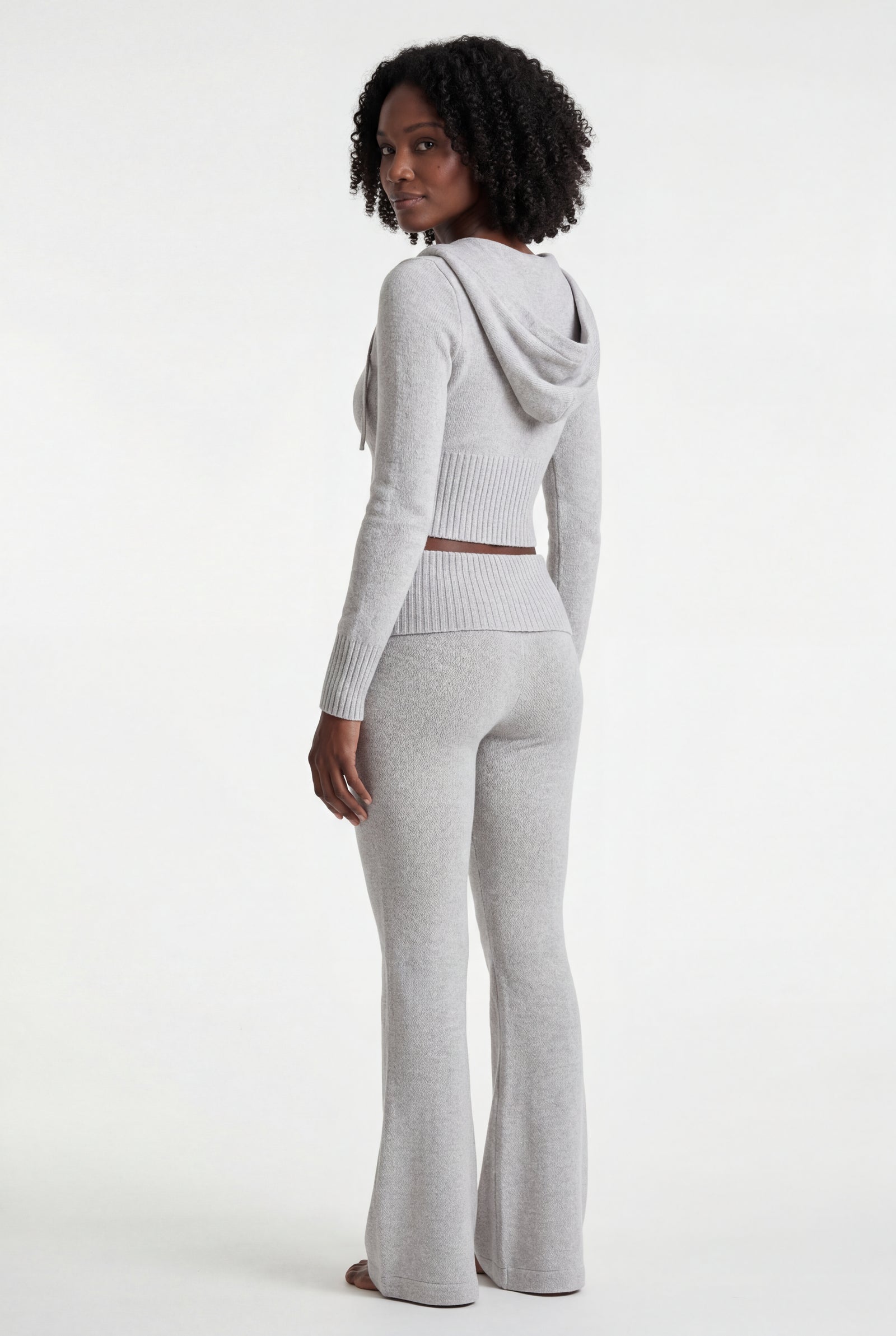 Light Gray Ribbed Cropped Hoodie and Flared Pants Lounge Set - Cardigan and pants - Photo 8