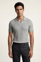 Light Gray Ribbed Open Collar Tailored Polo Shirt - Polo shirts - Photo 1