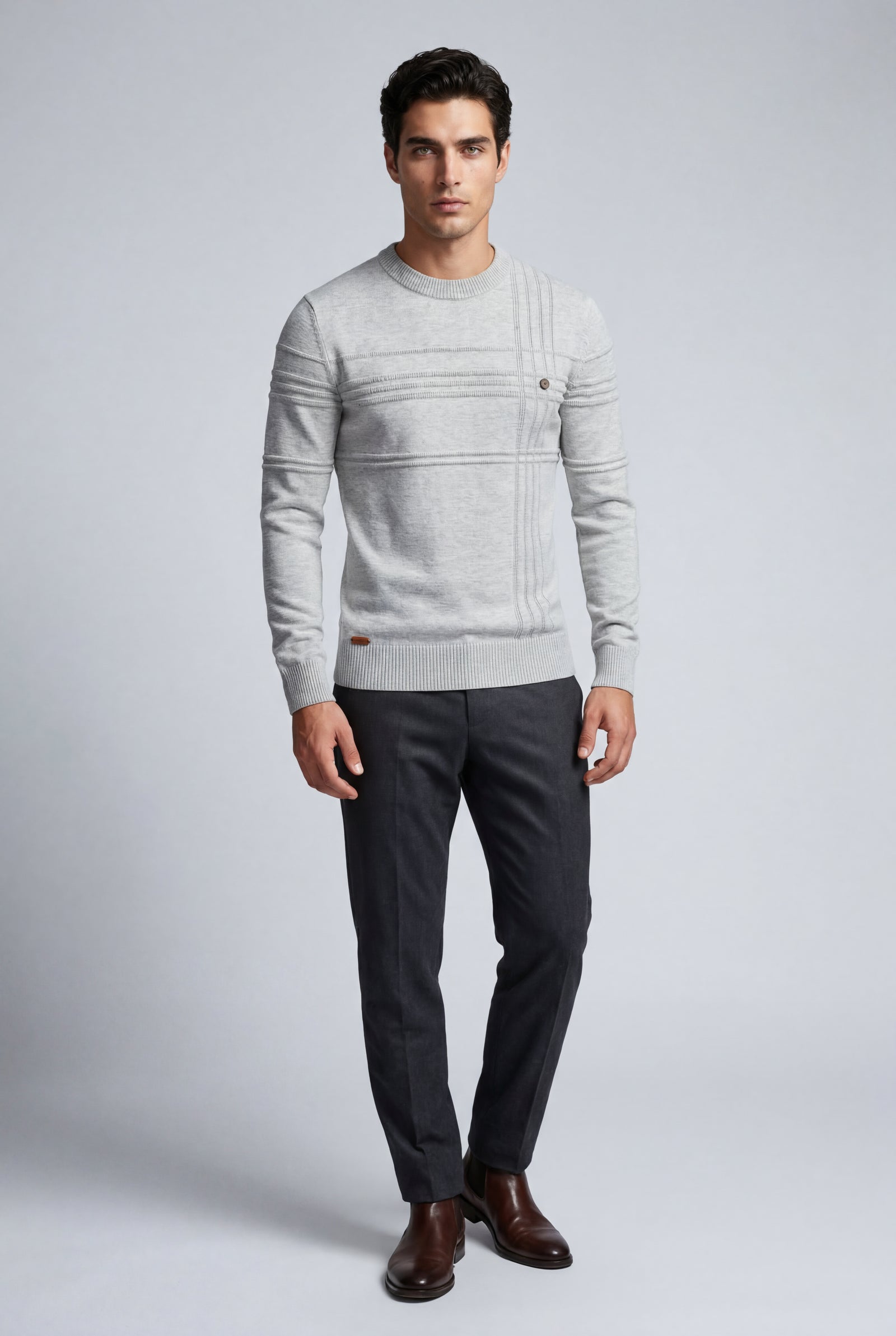 Light Gray Structured Tonal Textured Crewneck Sweater - Structured sweater - Photo 10
