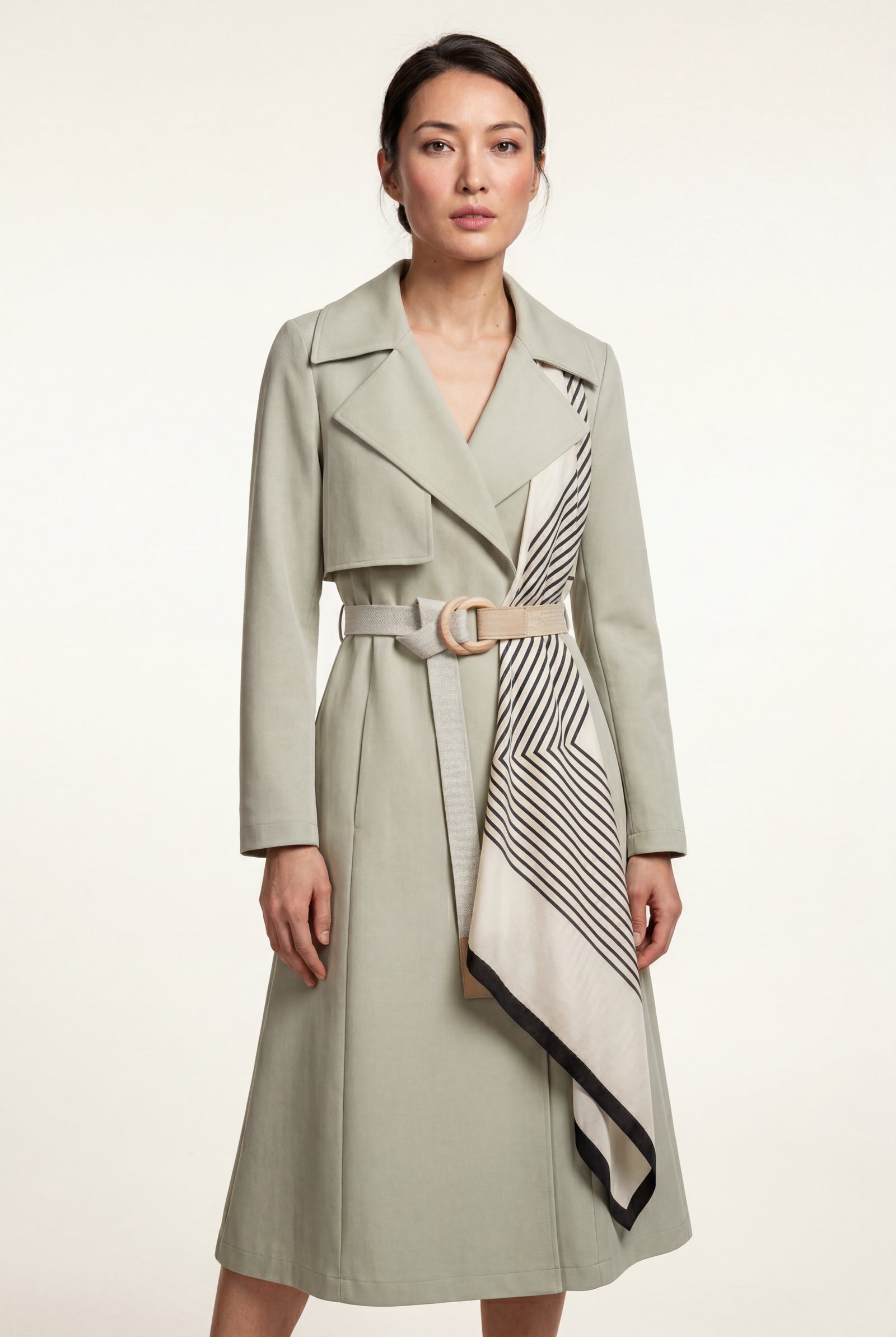 Light Green Belted Midi Trench Coat with Geometric Scarf Detail - Trench coats - Photo 3
