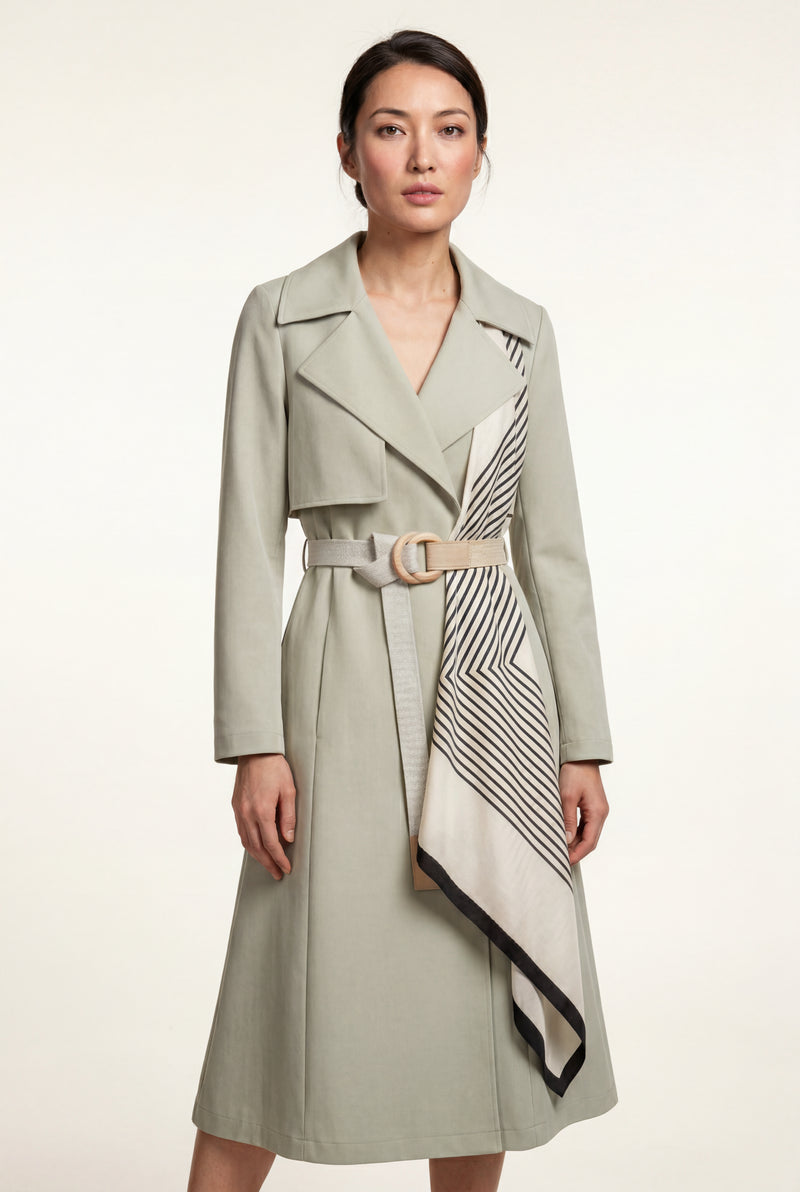 Light Green Belted Midi Trench Coat with Geometric Scarf Detail - Trench coats - Photo 3