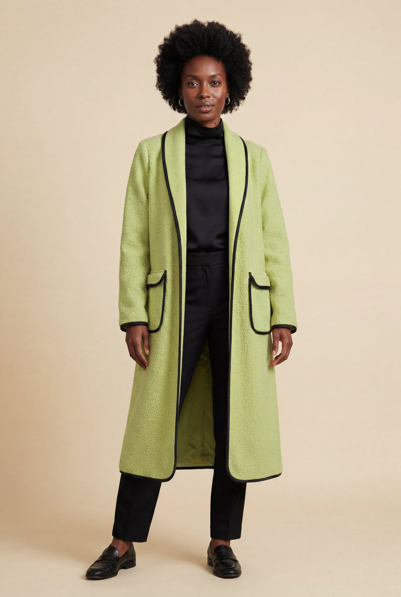 Light Green Contrast Trim Long Draped Coat with Shawl Collar - Long coat - Photo 3