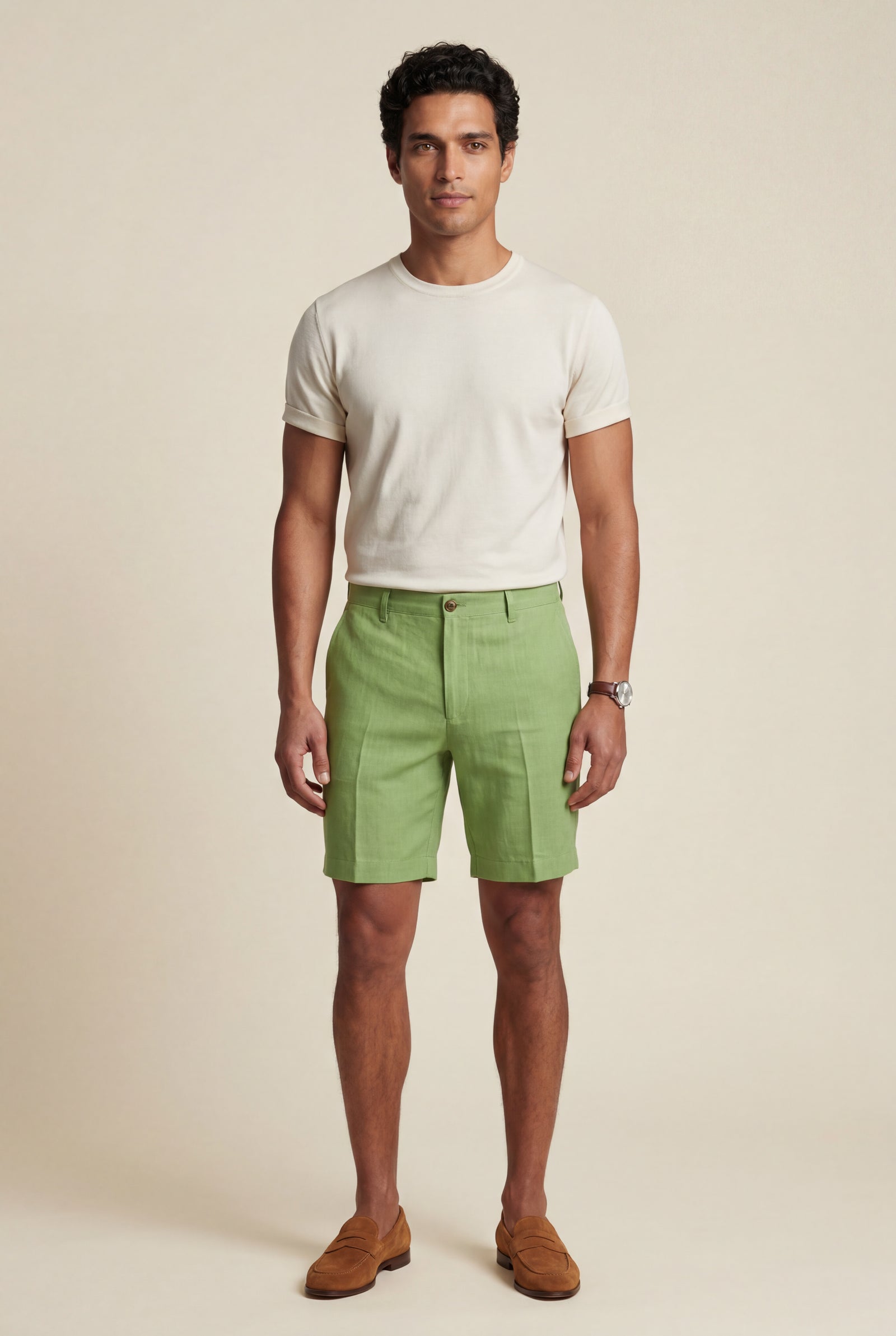 Light Green Men's Tailored Above-Knee Casual Shorts with Belt Loops - Photo 28