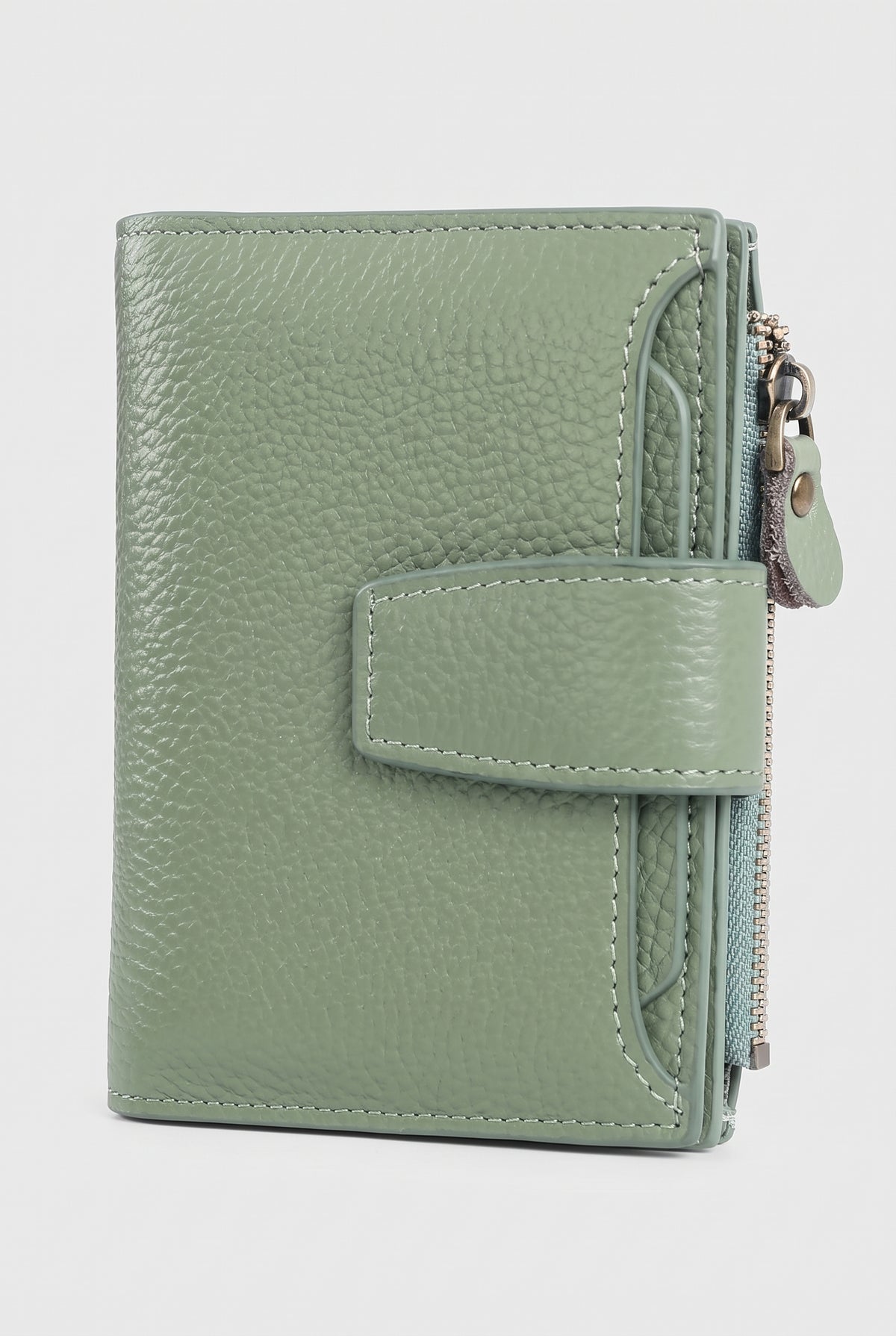 Pebbled Fold-Over Wallet in Light Green — studio front