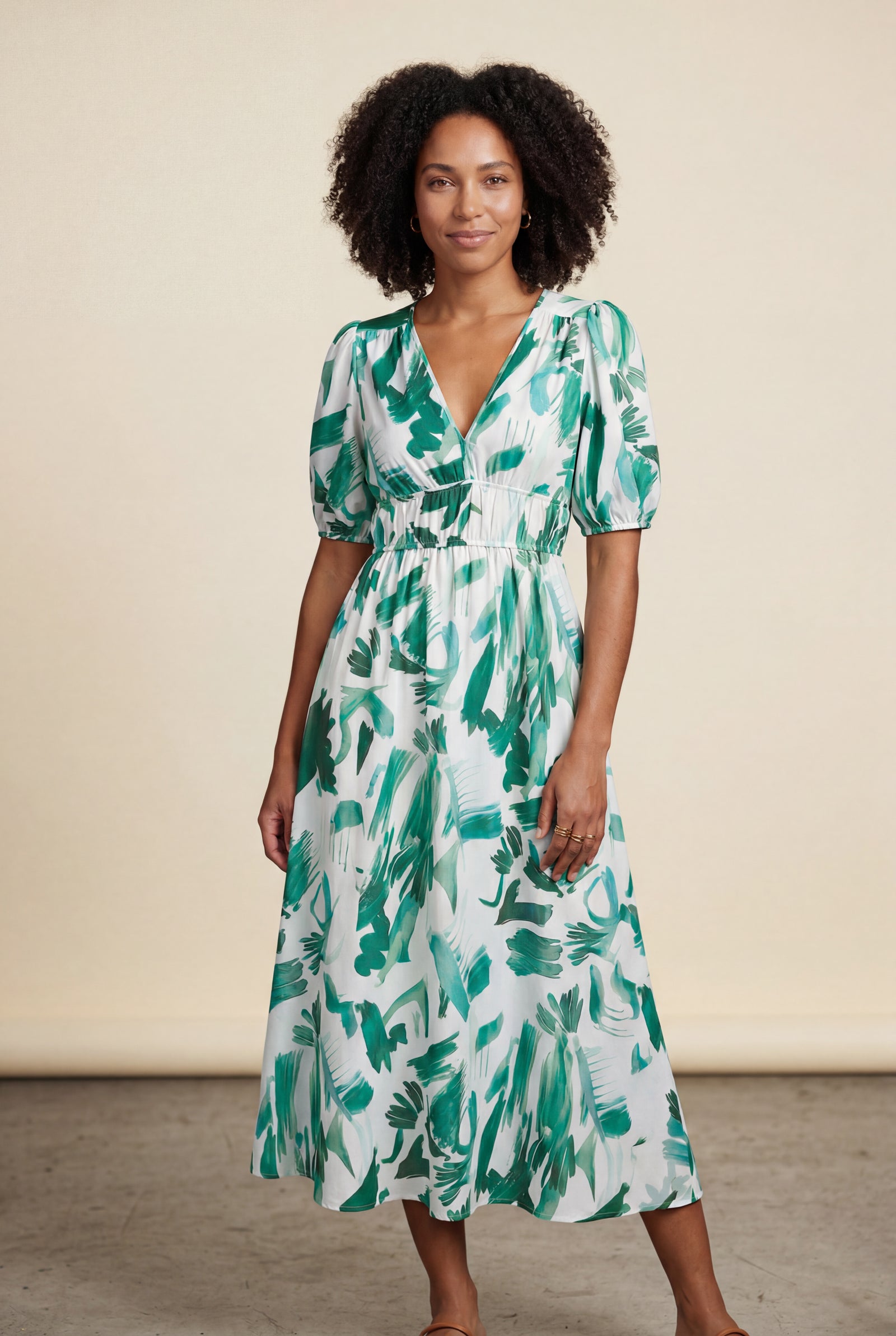 Light Green Puff Sleeve V-neck Midi Dress with Elastic Waist - Dresses - Photo 2