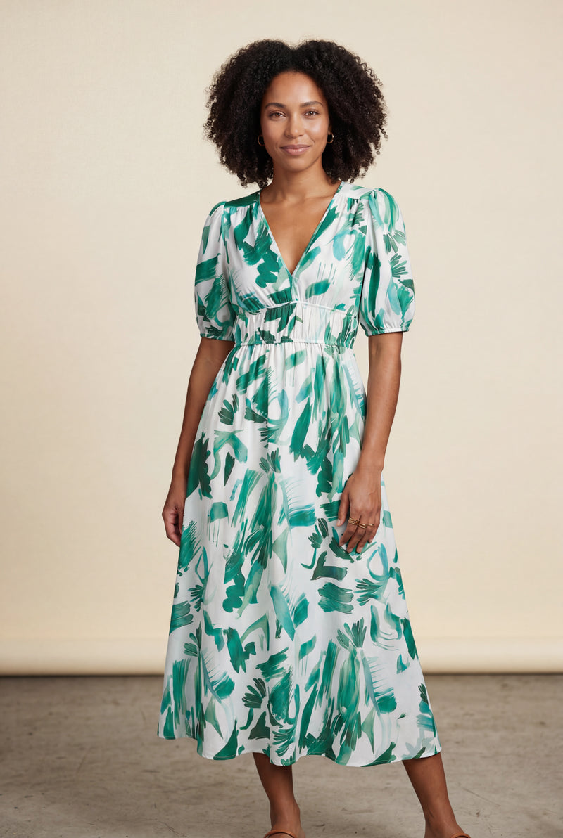 Light Green Puff Sleeve V-neck Midi Dress with Elastic Waist - Dresses - Photo 2