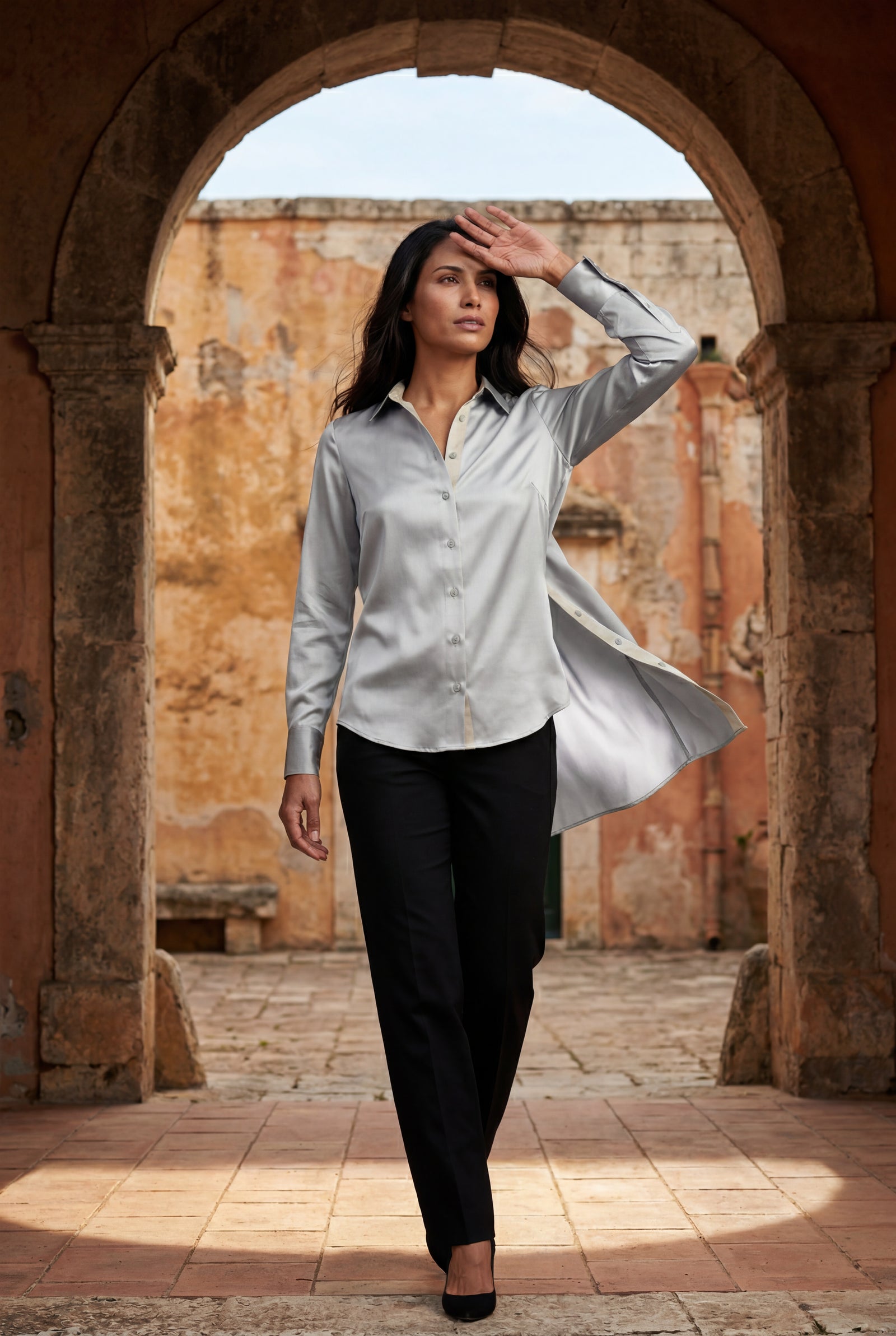 Light Green Relaxed Fit Button-up Blouse with Pointed Collar - Blouses - Photo 6