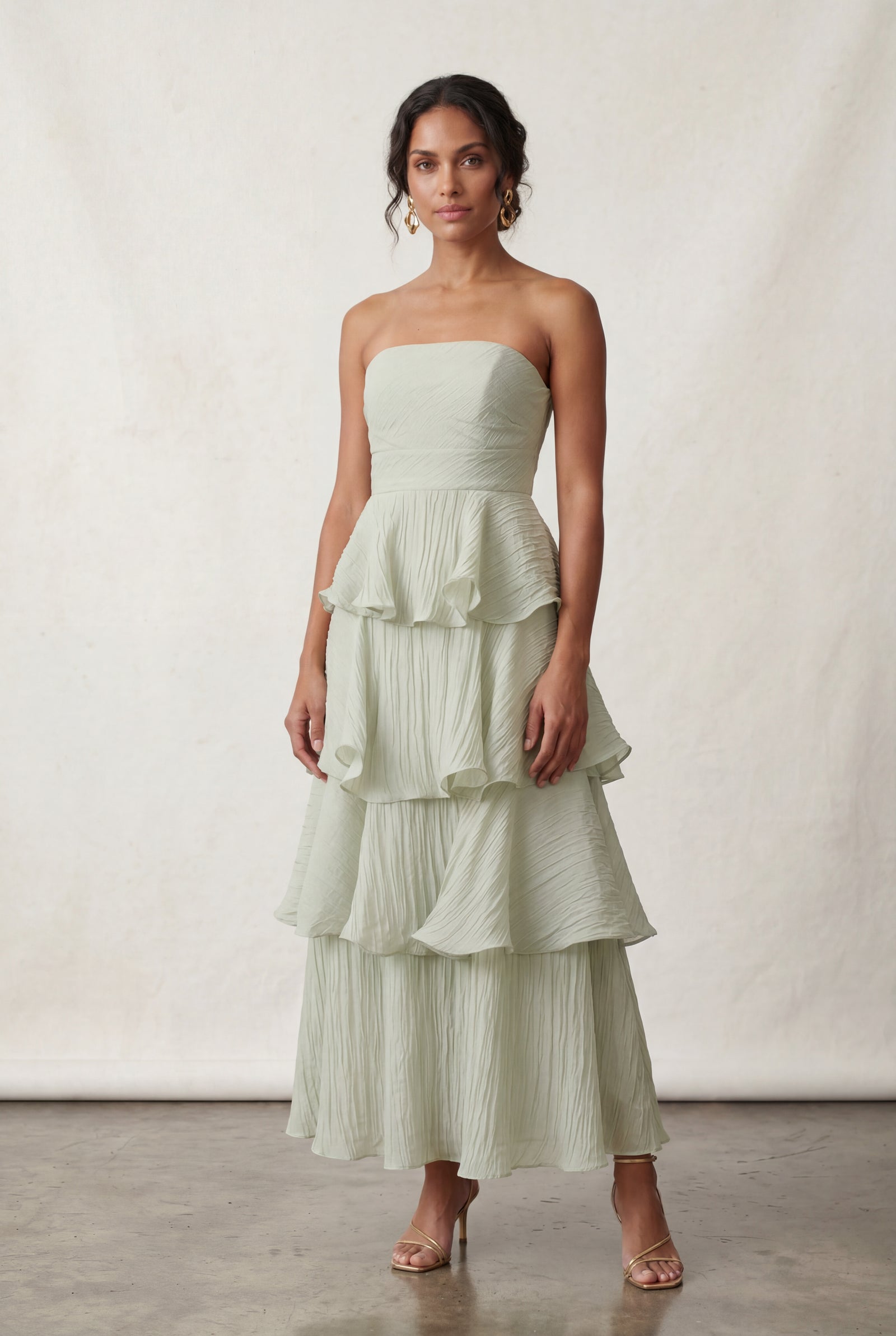 Light Green Strapless Tiered Ruffle Maxi Dress - Photo 8
