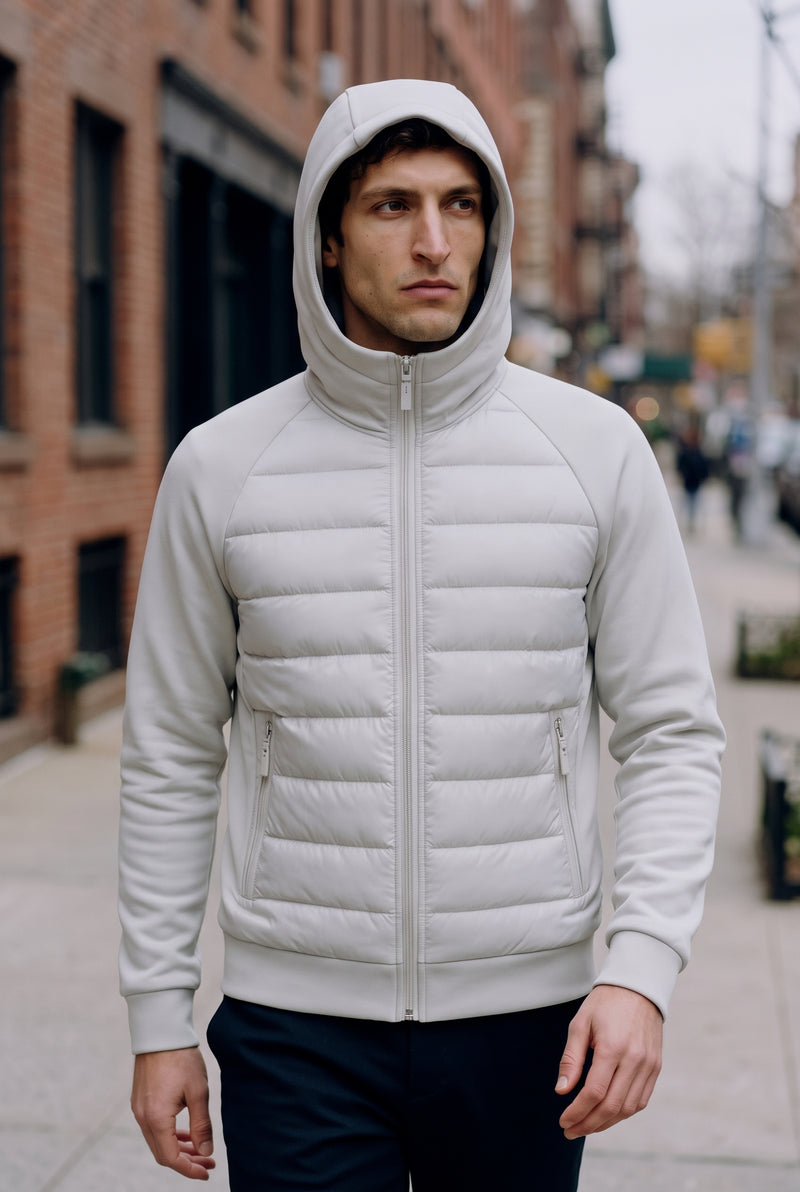 Hybrid Hooded Puffer Jacket in Light Grey — lifestyle