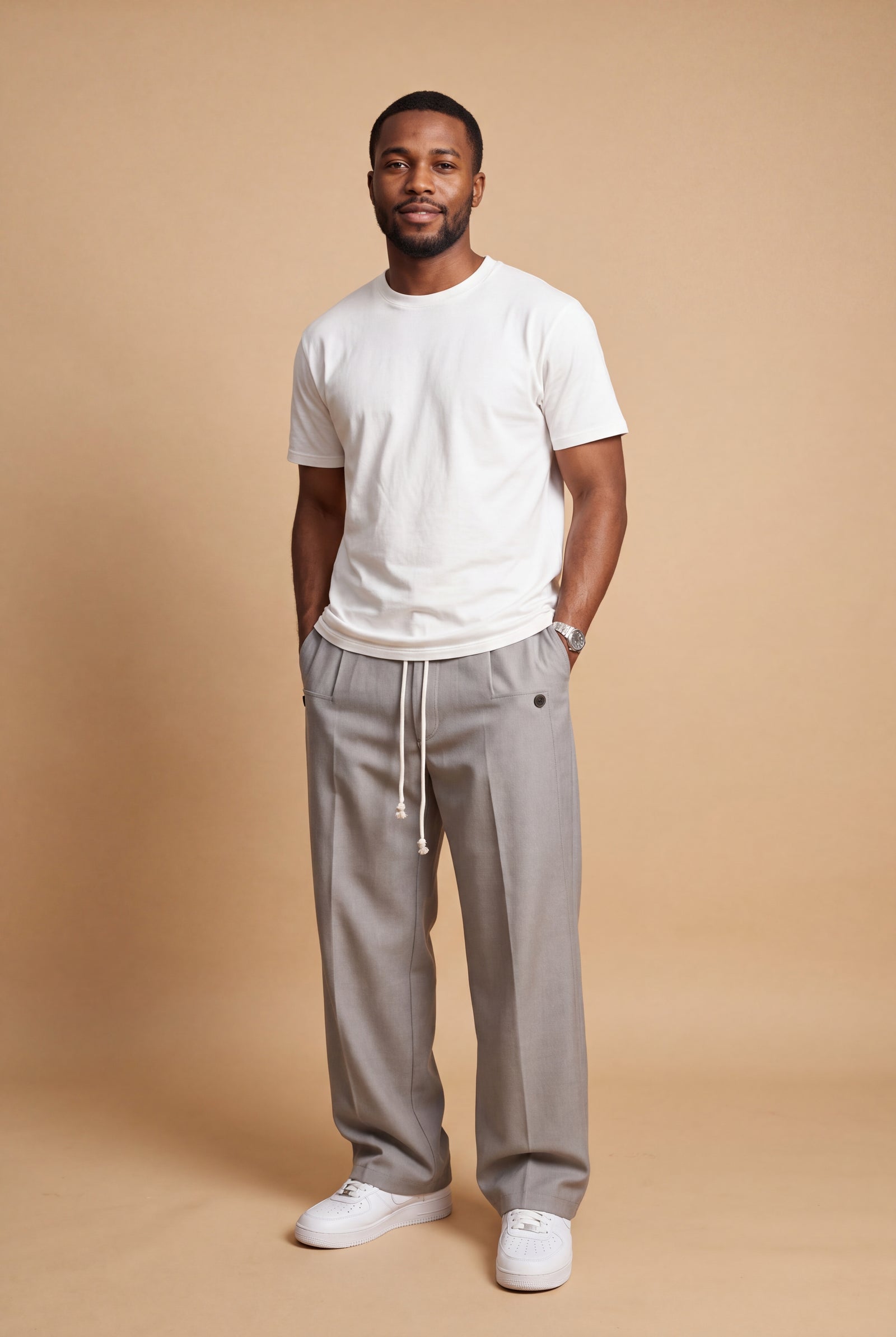 Men's Trousers Wide Leg Drawstring in Light Grey — studio front full