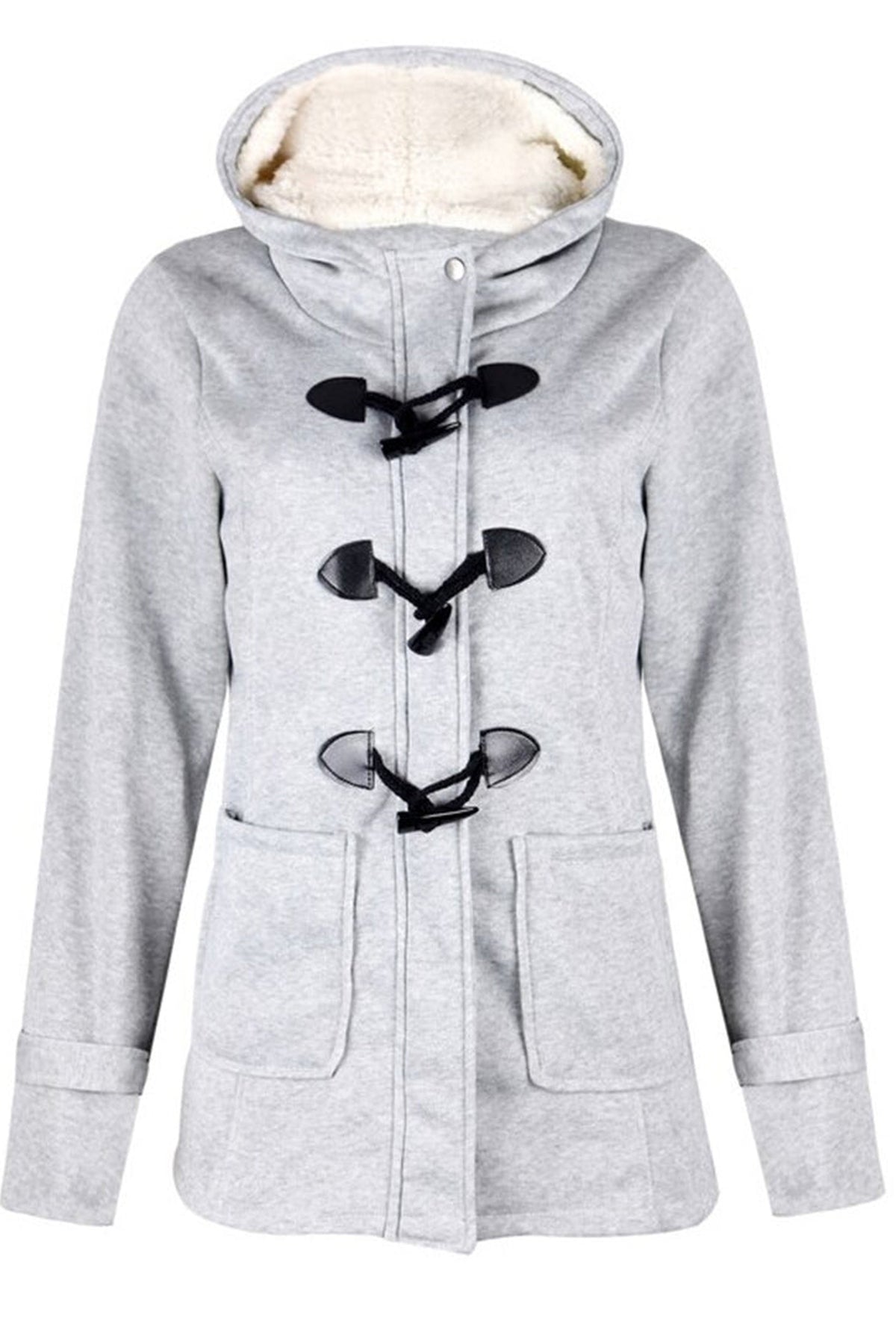 Plush-Lined Hood Duffle Coat in Light Grey — front view