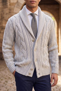 Shawl Collar Cable Knit Cardigan in Light Grey — studio front