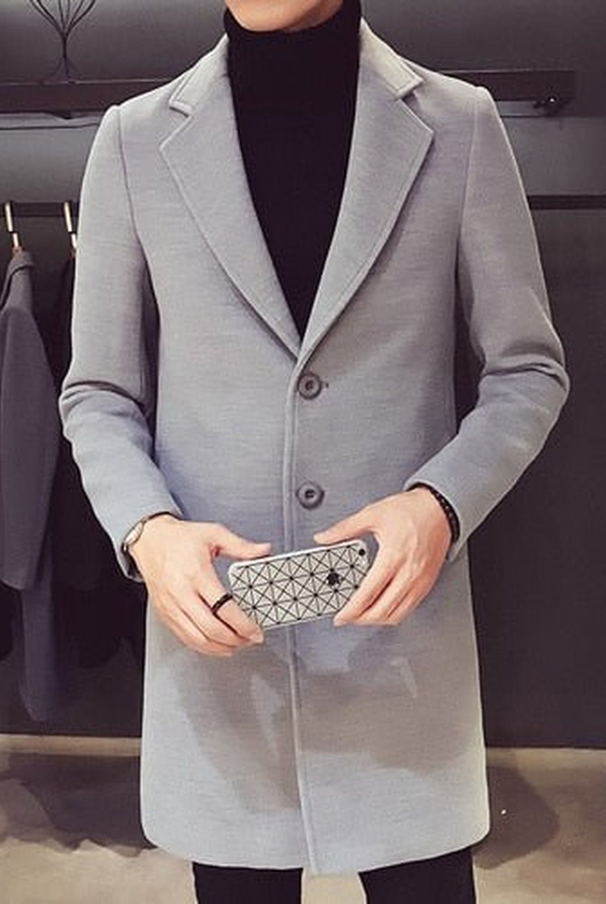 Single-Breasted Cotton Overcoat in Light Grey — front view