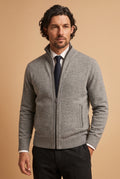 Zip-Front Knit Cardigan in Light Grey — studio front
