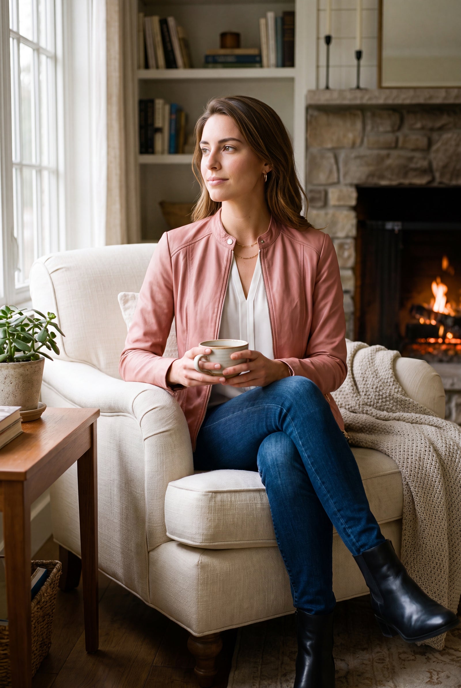 Women's Jacket Short Zip in Light Pink — lifestyle cozy cottage