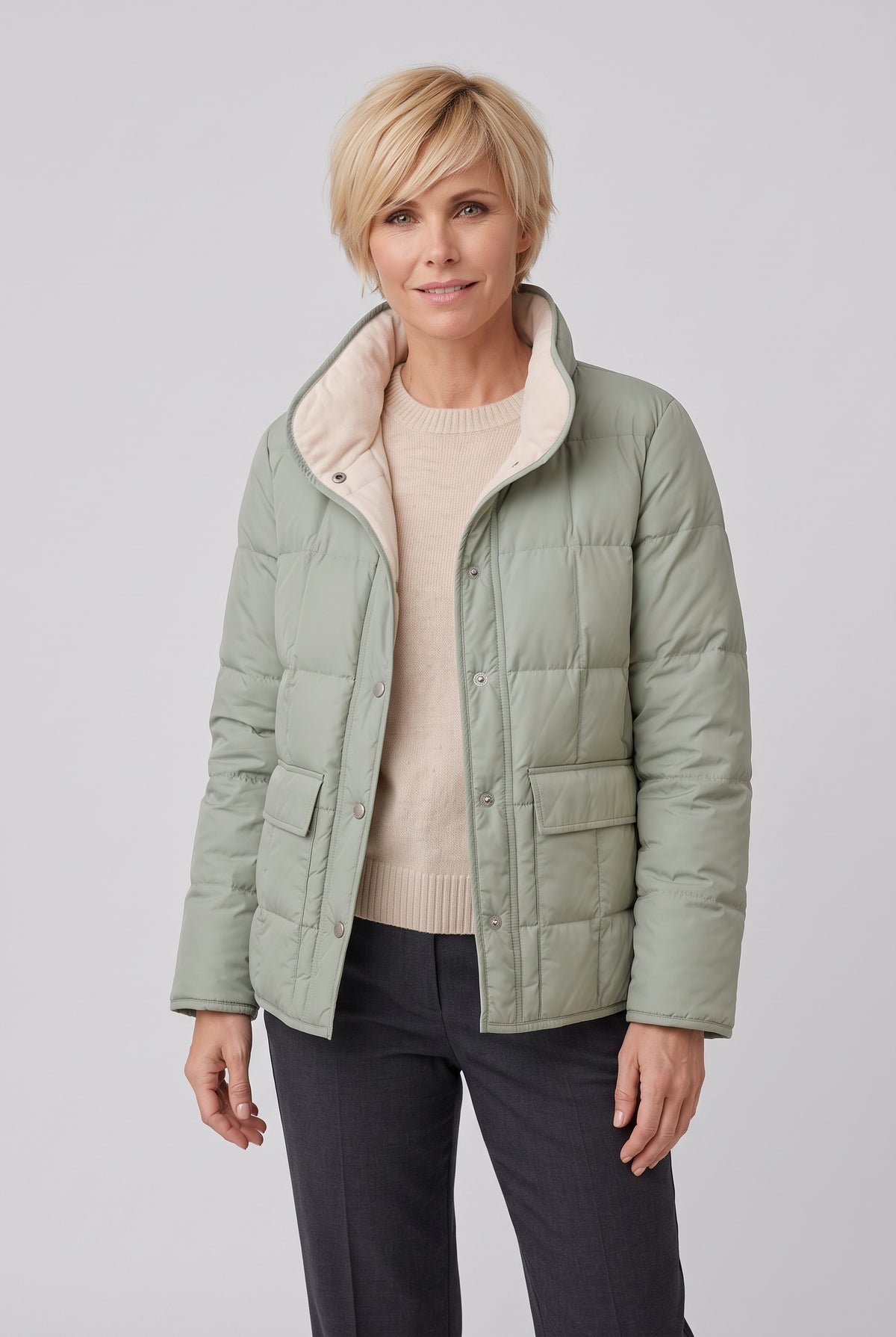Women's Reversible Quilted Jacket with Stand Collar in Lime — studio front
