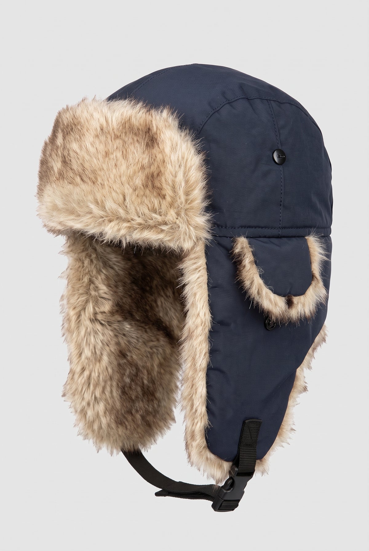 Faux Fur Trapper Hat in Marine Blue — studio front