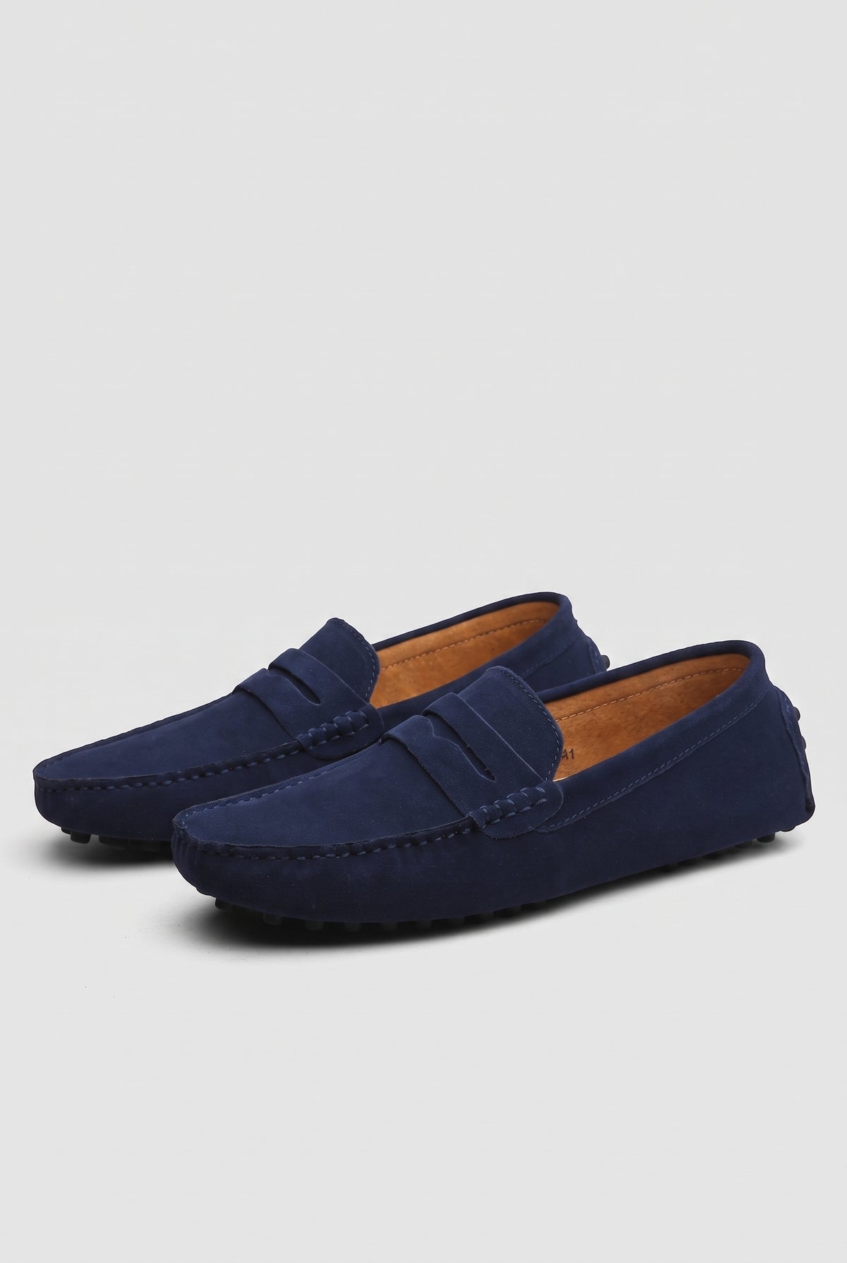 Suede Moccasin Loafers in Marine Blue — studio front