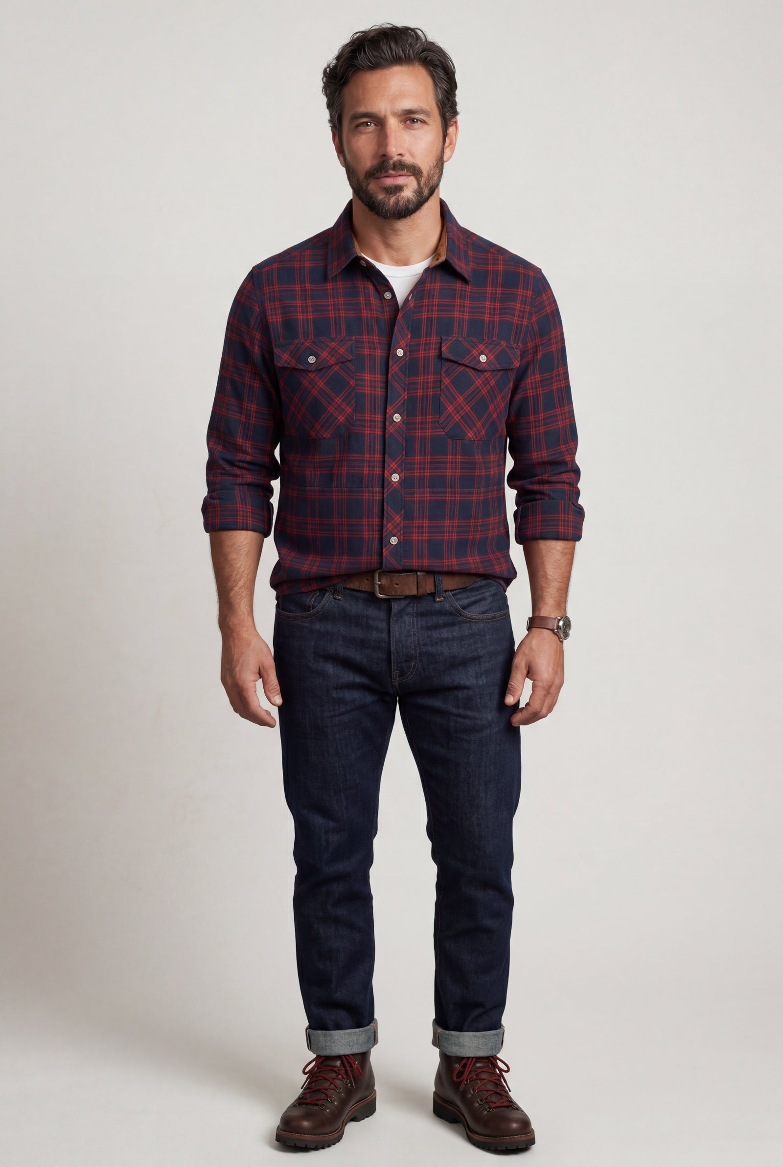 Marine Red Large Check Plaid Long Sleeve Button Down Shirt - Casual shirts - Photo 2