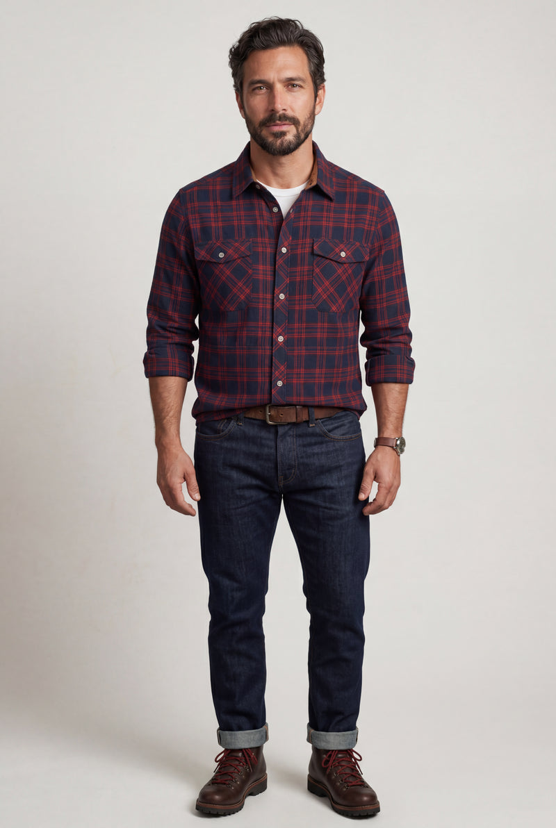 Marine Red Large Check Plaid Long Sleeve Button Down Shirt - Casual shirts - Photo 2