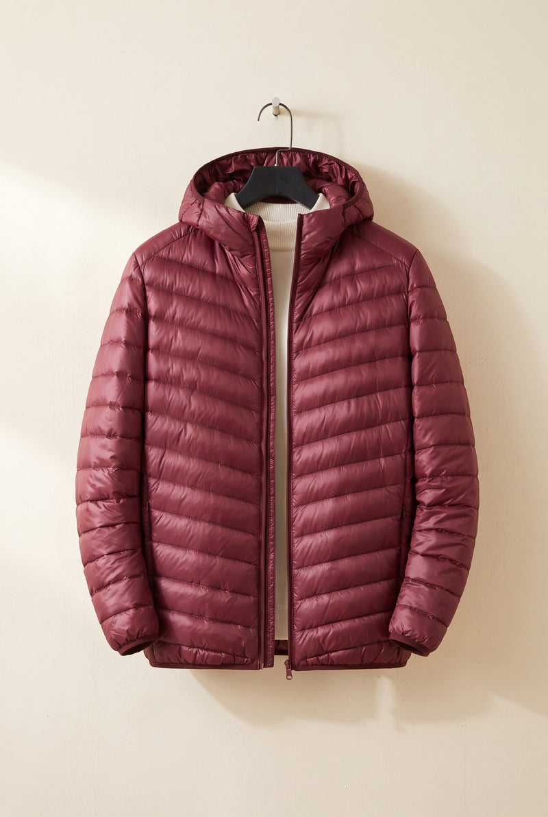 Insulated Quilted Down Jacket in Maroon Red — studio front