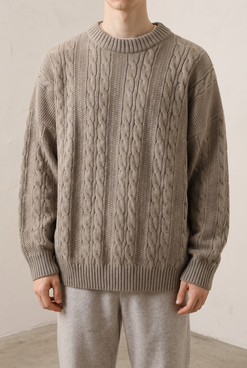 Cable-Knit Crewneck Sweater in Merlot Red — studio front