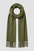 Cashmere Fringed Scarf in Military Green — studio front