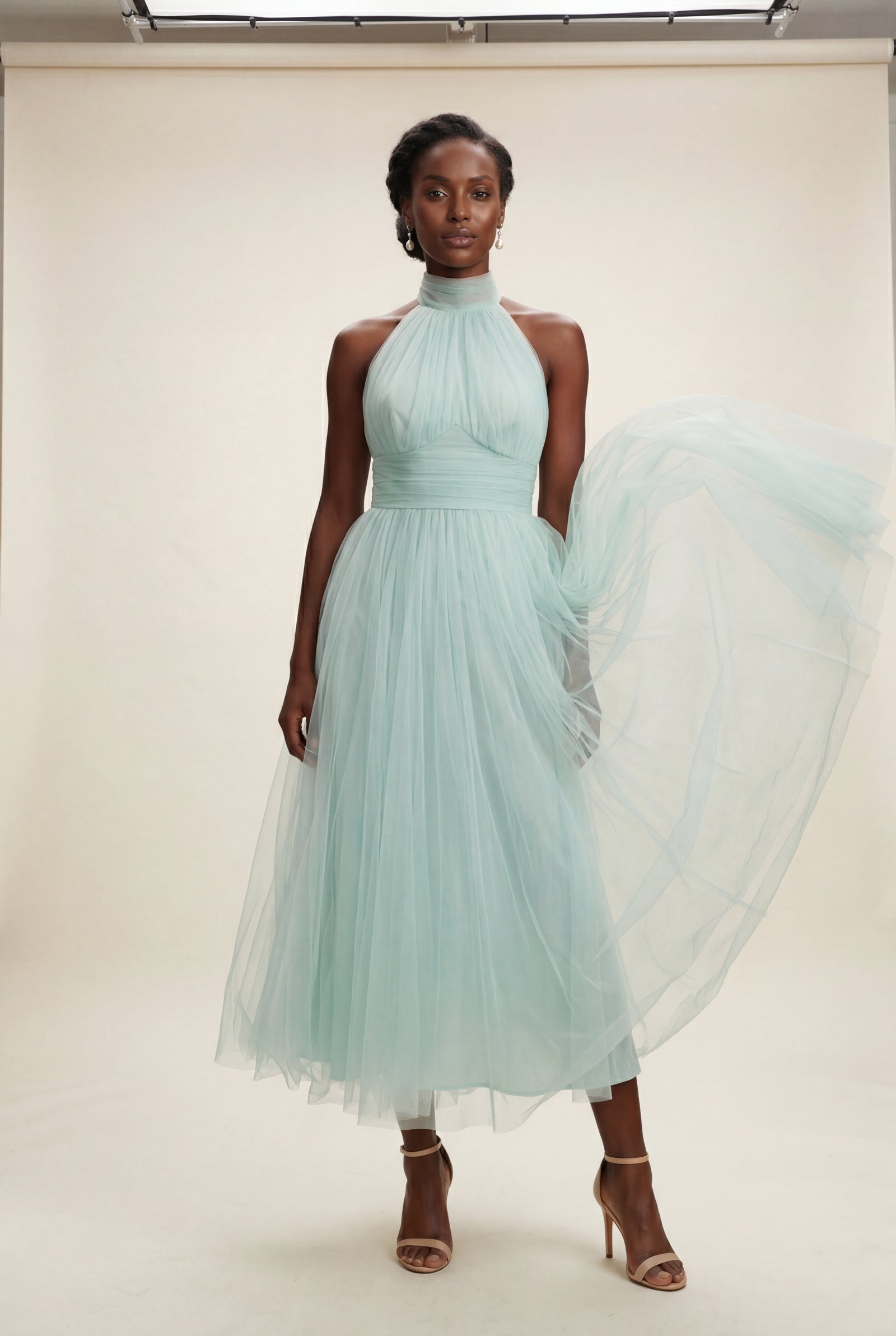Mint Blue Pleated Halter Neck Midi Dress with Open Back Detail - Halter neck dress - Photo 7