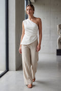 White Asymmetric One Shoulder Draped Top with Flared Hem - One shoulder top - Photo 10