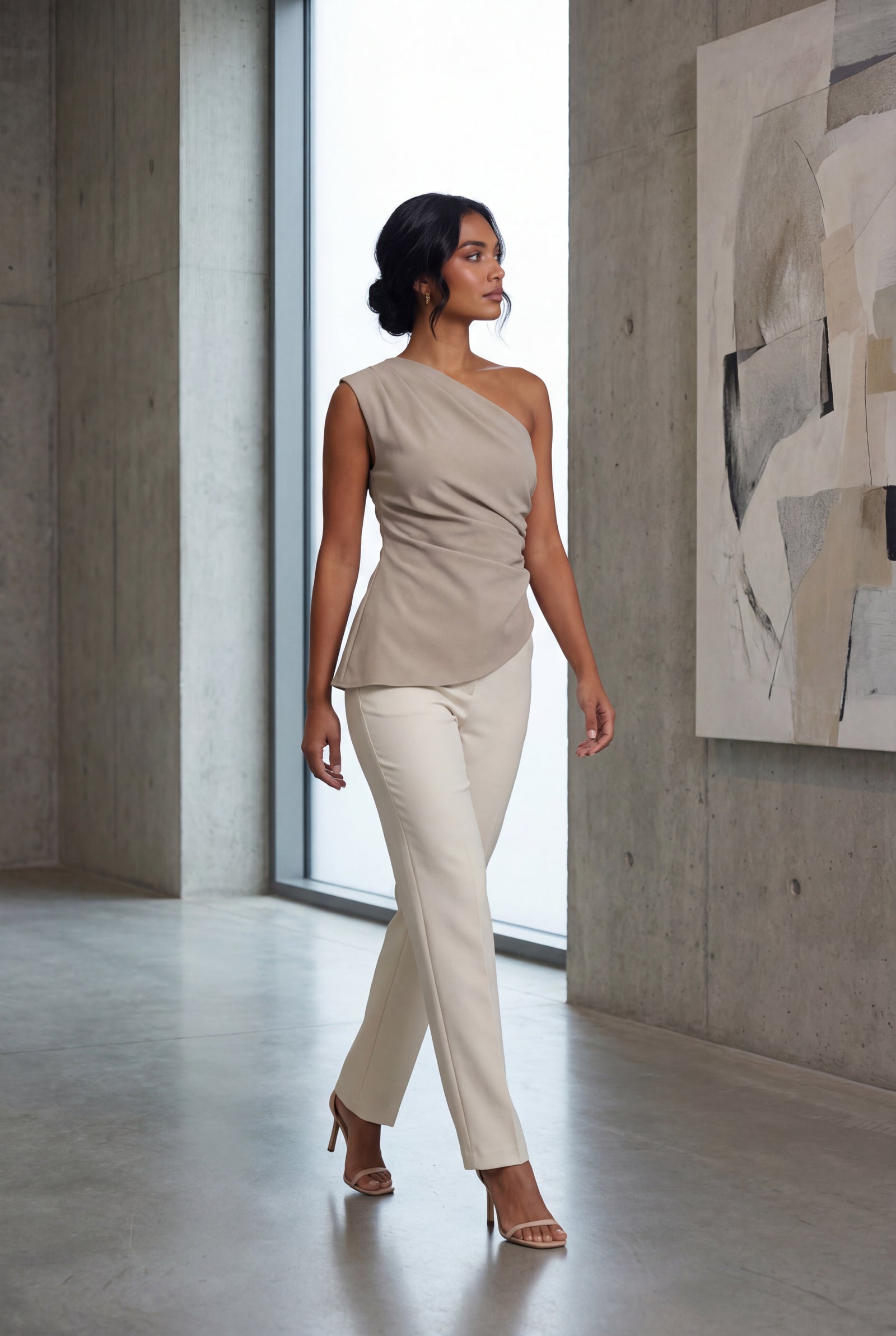 Gray Asymmetric One Shoulder Draped Top with Flared Hem - One shoulder top - Photo 6