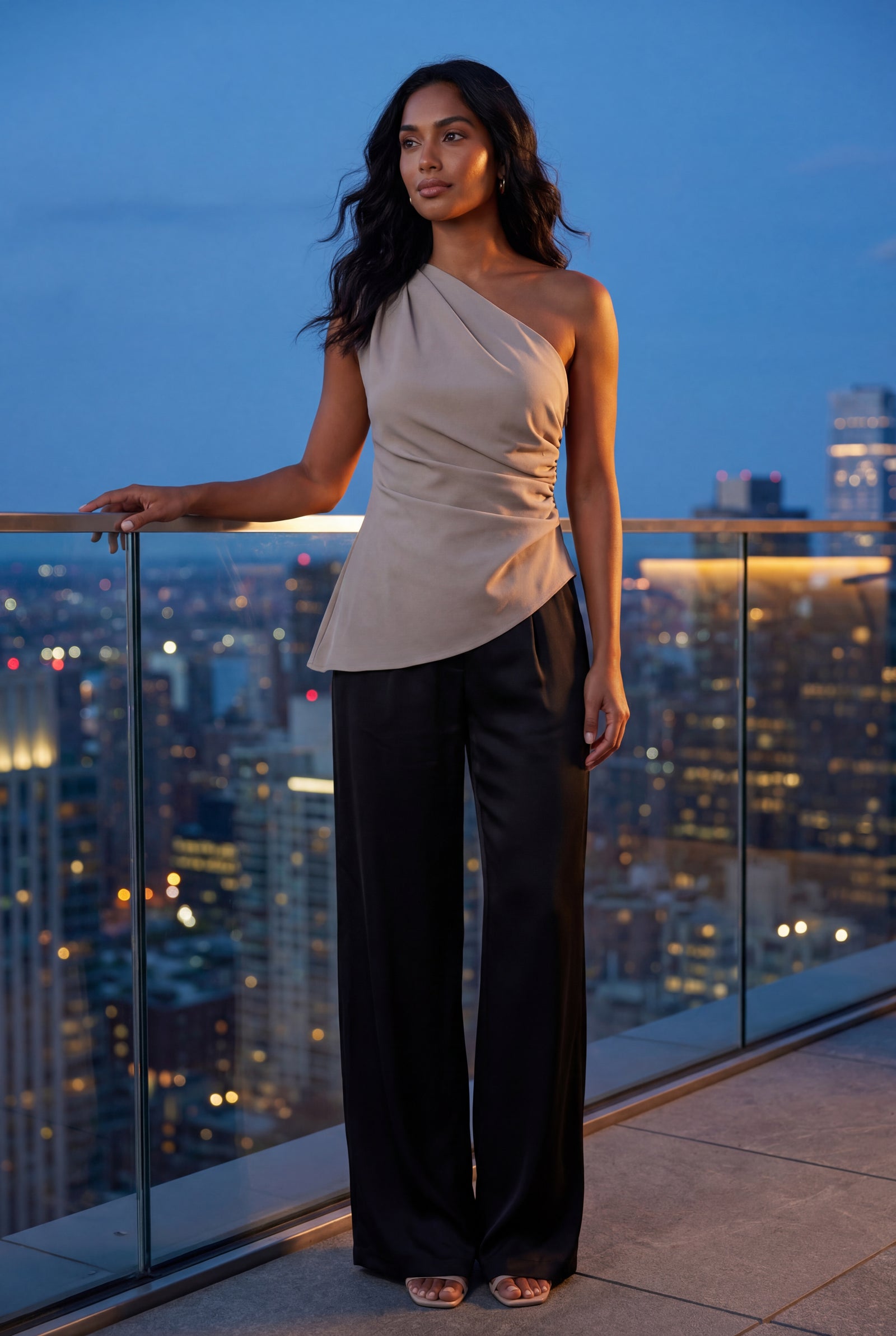 Gray Asymmetric One Shoulder Draped Top with Flared Hem - One shoulder top - Photo 8