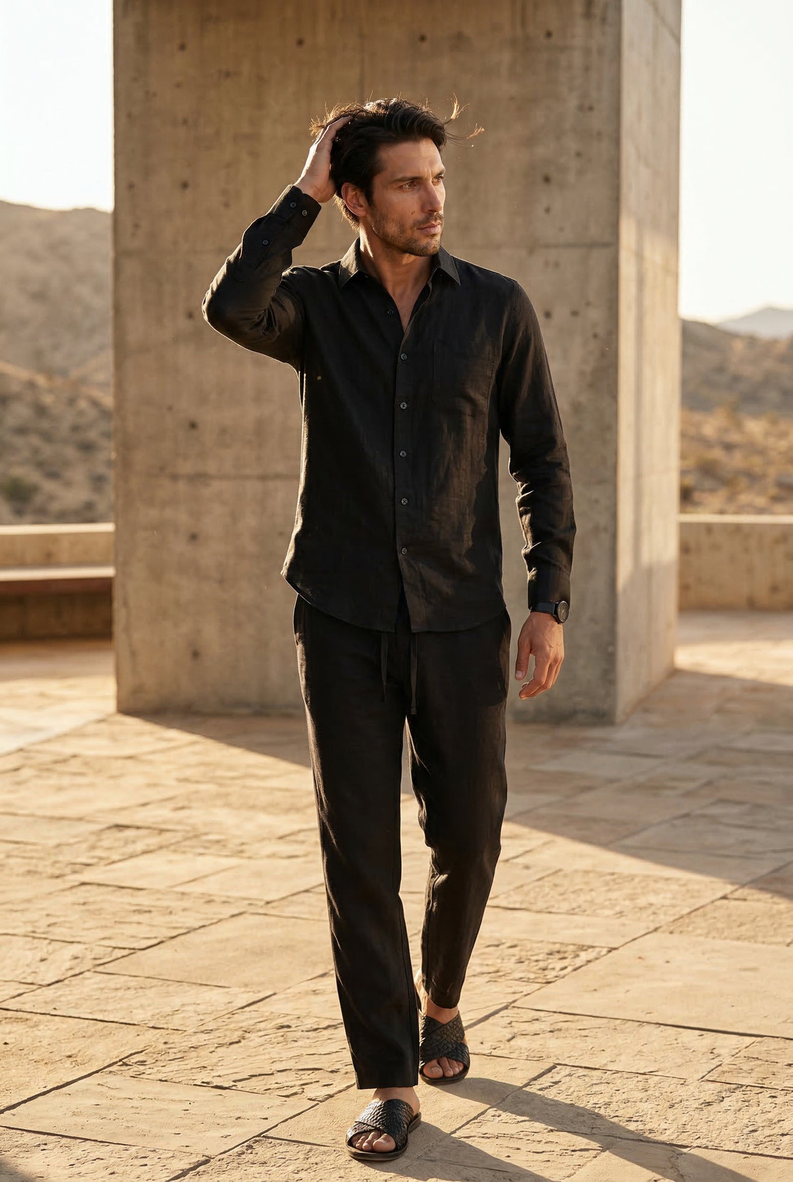 Black Relaxed Long-sleeve Shirt and Drawstring Pants Set - Photo 13