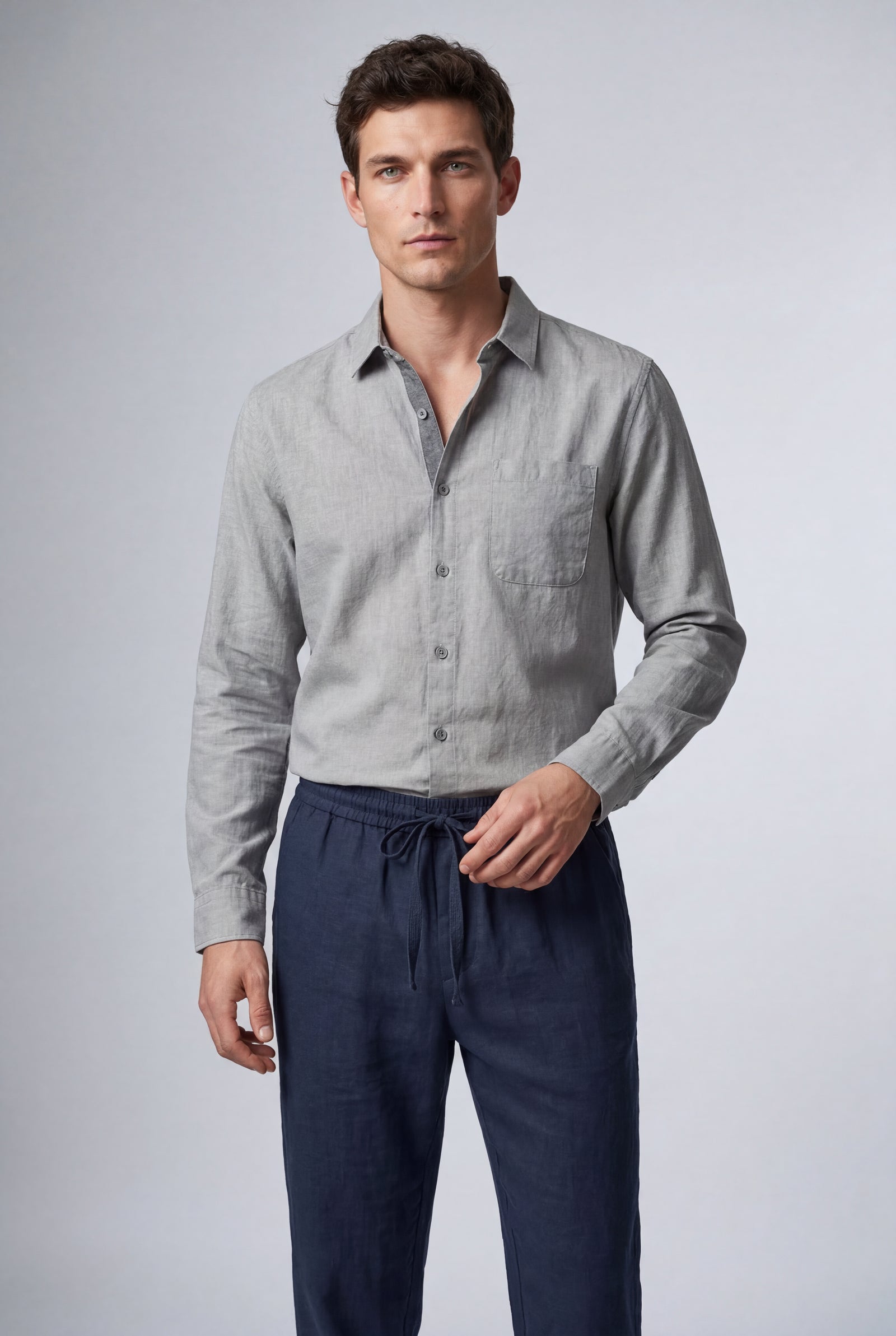 Gray Relaxed Long-sleeve Shirt and Drawstring Pants Set - Photo 2