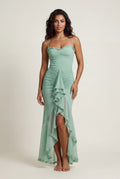 Mint Green Ruched Asymmetric Hem Maxi Dress with Ruffle Trim - Photo 4