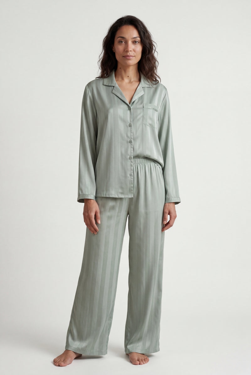 Mint Striped Button-up Pyjama Set with Relaxed Pants - Photo 3