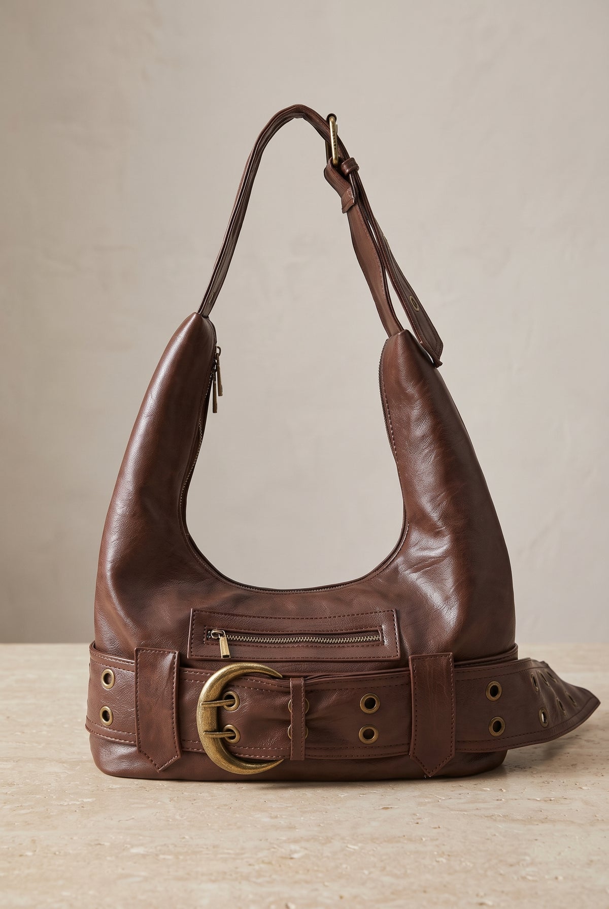 Convertible Hobo Bag in Mocha — studio front