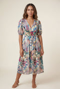 Multicolor Puff Sleeve V-neck Midi Dress with Elastic Waist - Dresses - Photo 5