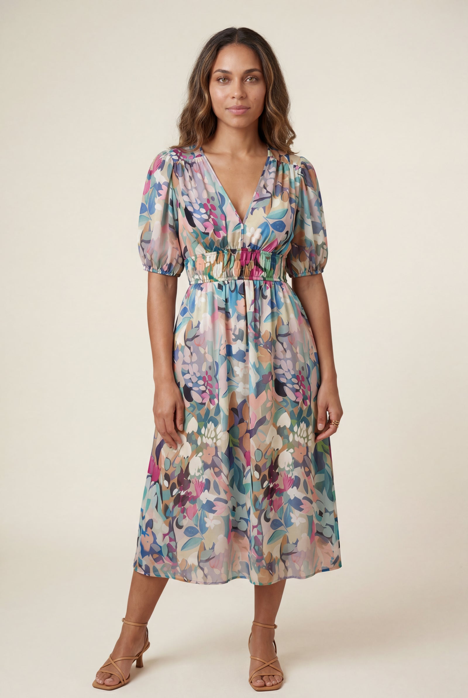 Multicolor Puff Sleeve V-neck Midi Dress with Elastic Waist - Dresses - Photo 5