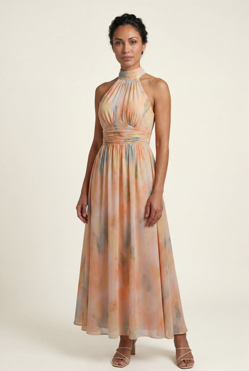 Multicolor Watercolor Halter Neck Maxi Dress Multicolor - Photo 1