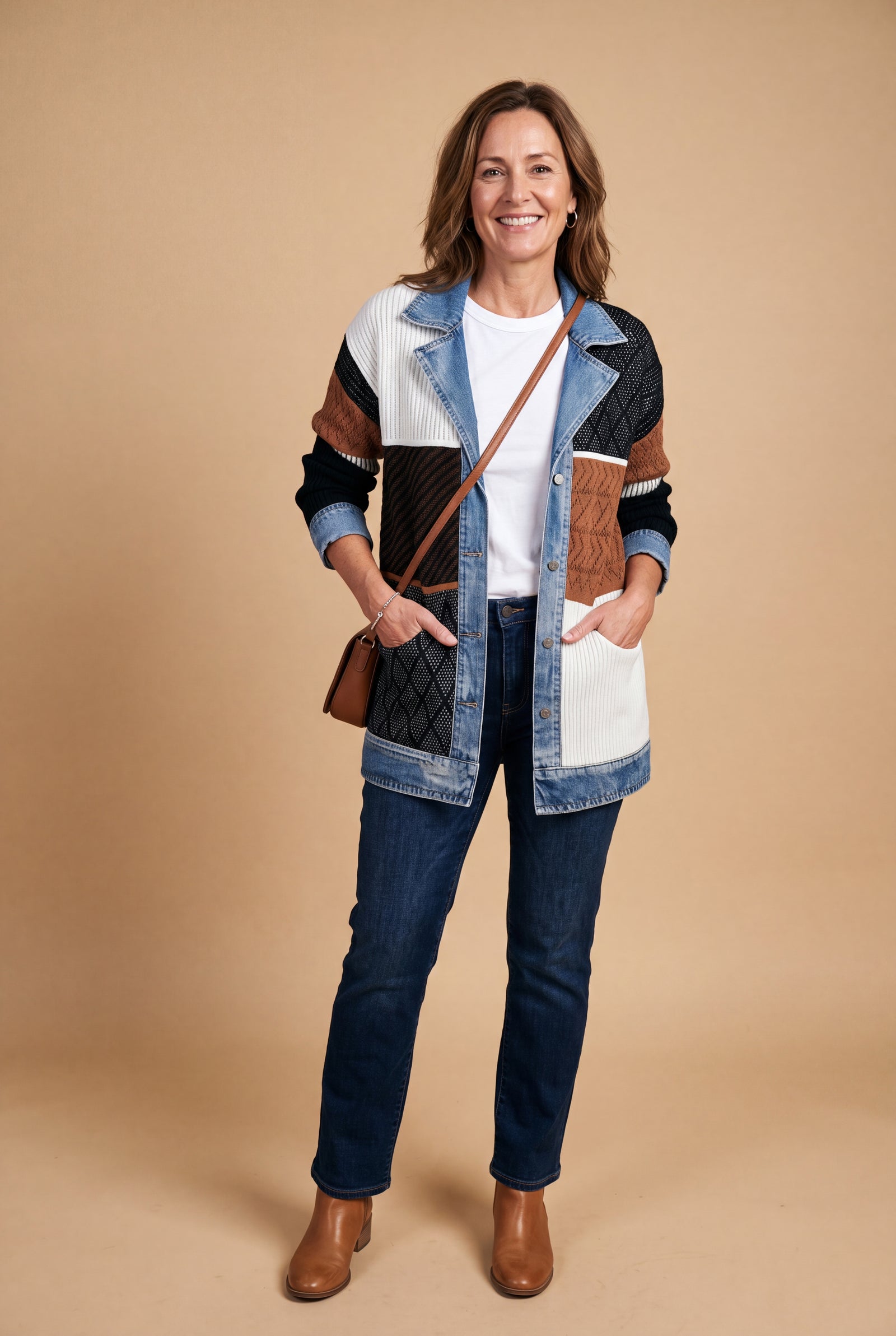 Women's Jacket Layered Collar Button in Multicolor — primary studio full body