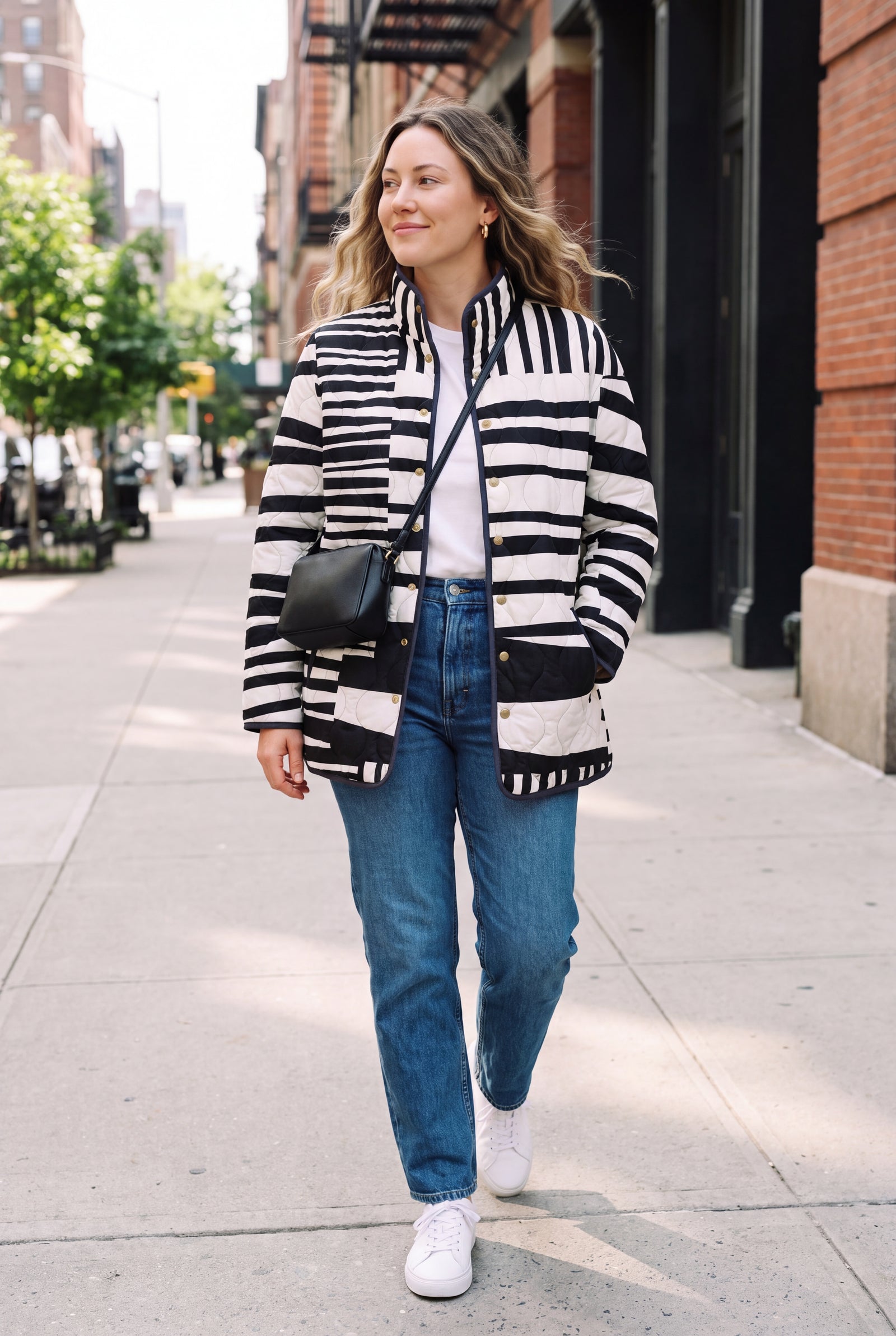 Women's Puffer Jacket Abstract Pattern in Multicolor — lifestyle sidewalk