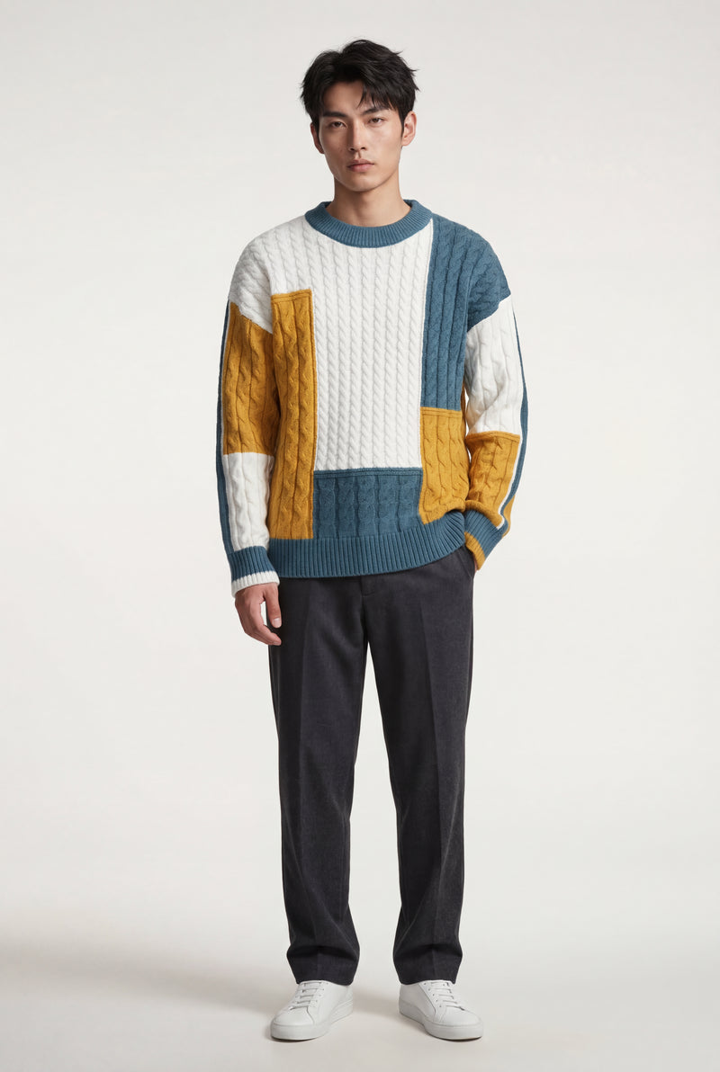 Mustard Chunky Cable- Colorblock Crewneck Sweater - Photo 4