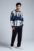 Navy Blue Abstract Intarsia Relaxed Crew Neck Jumper - Knitted jumper - Photo 2