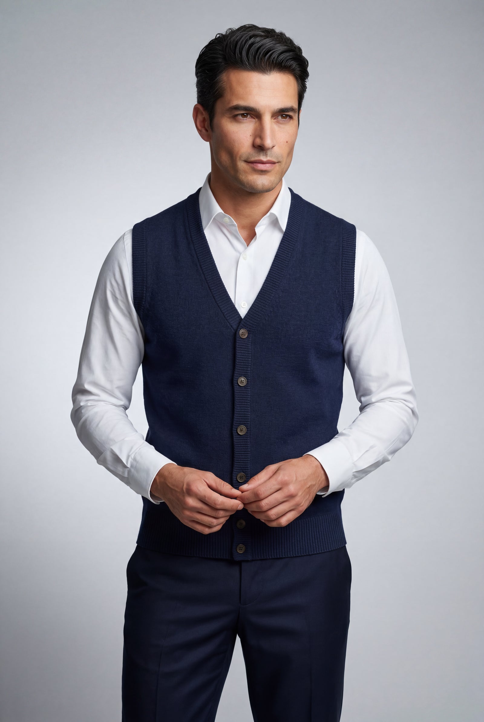 Navy Blue Button-front V-neck Sleeveless Sweater Vest - Photo 9