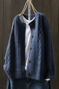 Cable-Knit Button Cardigan in Navy Blue — front view