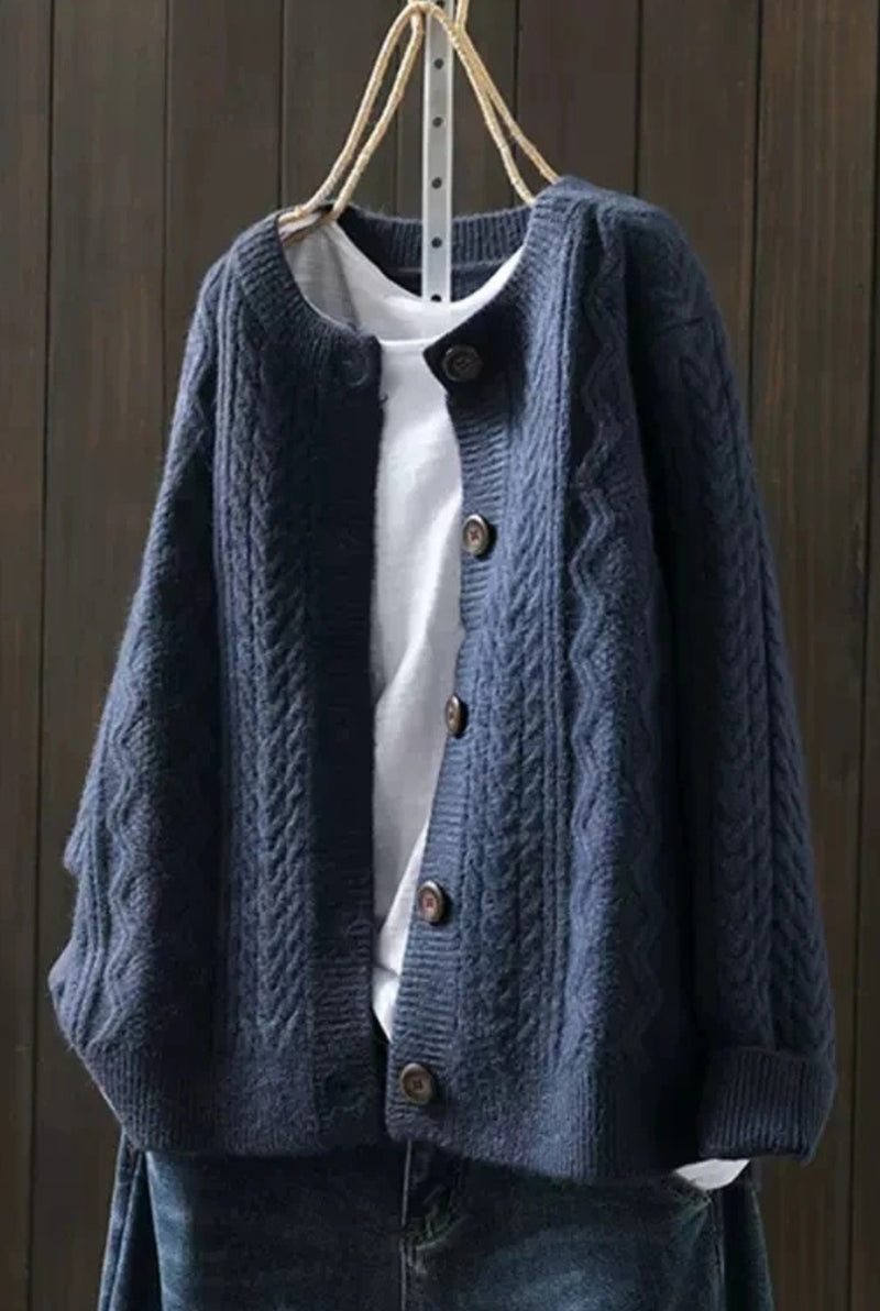 Cable-Knit Button Cardigan in Navy Blue — front view