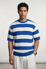 Navy Blue Cable Striped Short Sleeve Crewneck Sweater - Short sleeve t-shirts - Photo 1