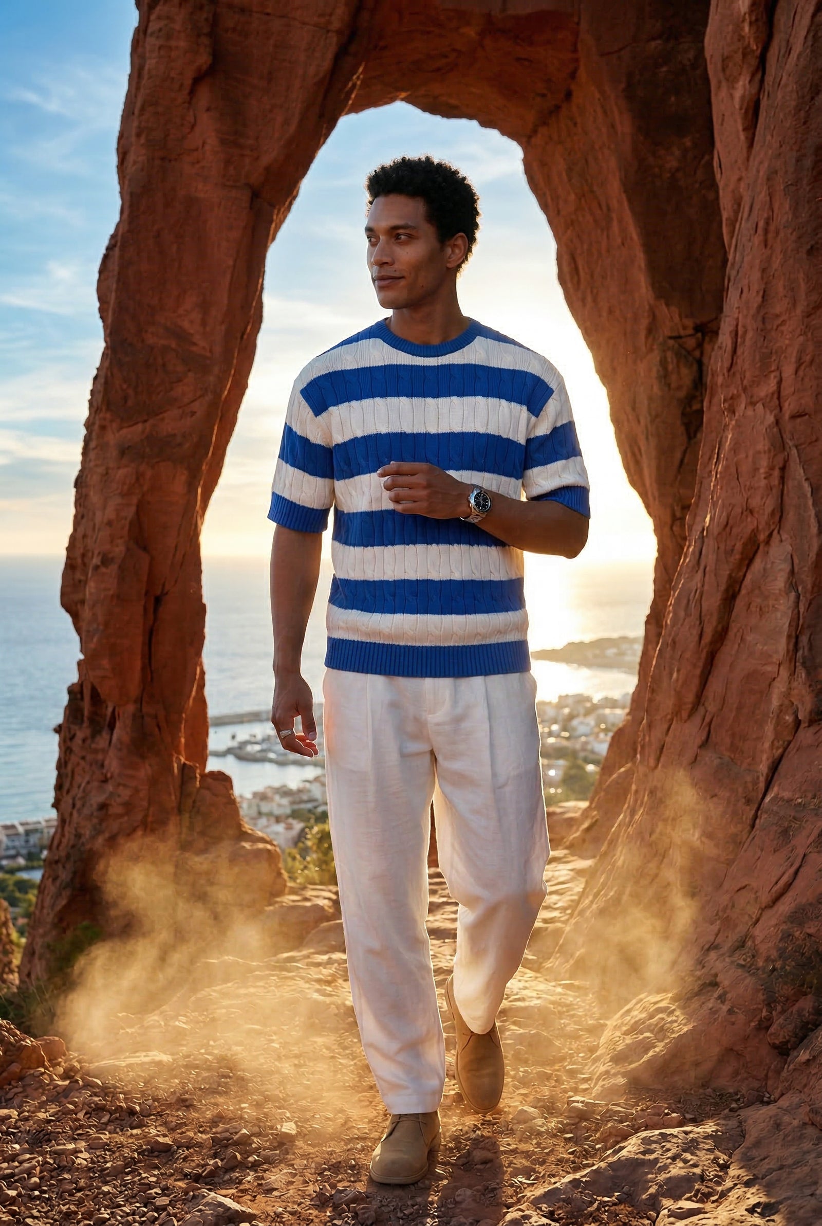 Navy Blue Cable Striped Short Sleeve Crewneck Sweater - Short sleeve t-shirts - Photo 3