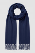 Cashmere Fringed Scarf in Navy Blue — studio front