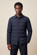 Navy Blue Chevron Quilted Snap-front Puffer Shirt Jacket - Puffer jackets - Photo 4
